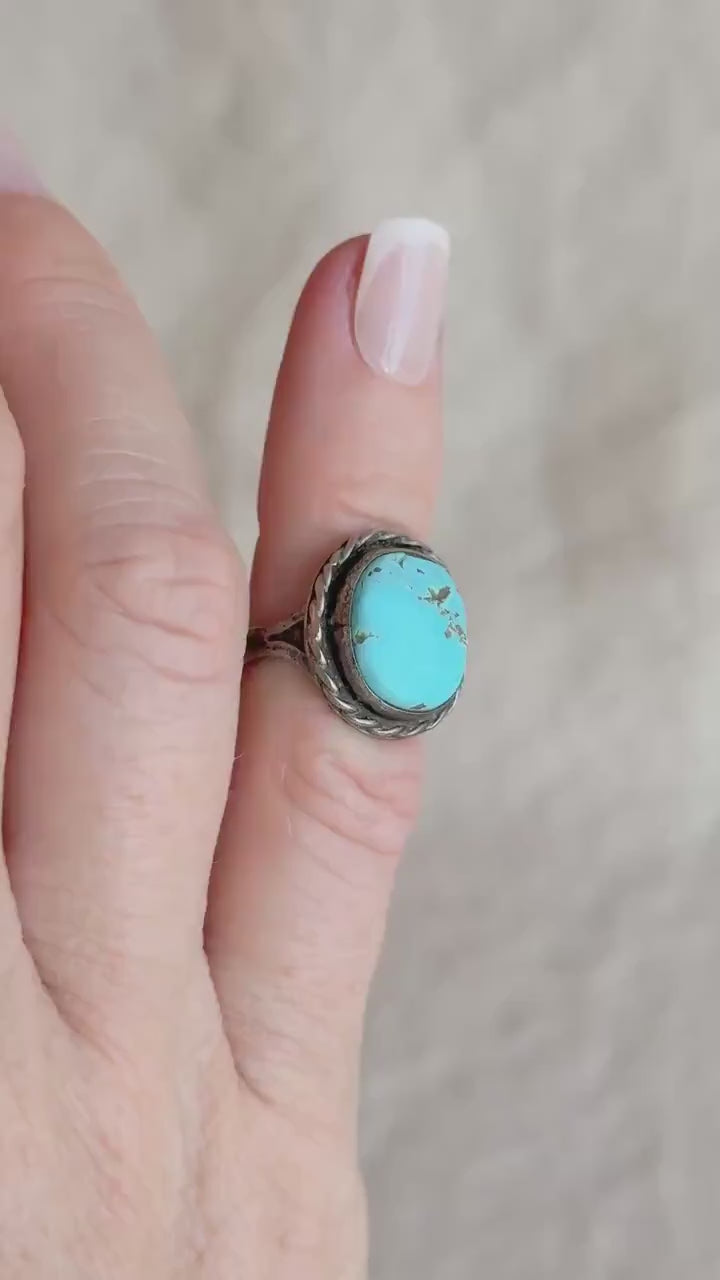 Vintage Sterling Silver Oval Turquoise Statement Ring, Boho Artisan Jewelry