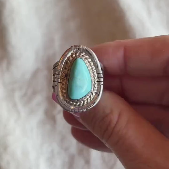 Vintage Turquoise Sterling Silver Ring, Rope Bezel Statement, Southwestern Boho Jewelry