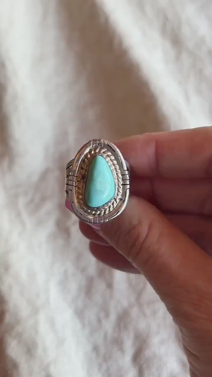 Vintage Turquoise Sterling Silver Ring, Rope Bezel Statement, Southwestern Boho Jewelry