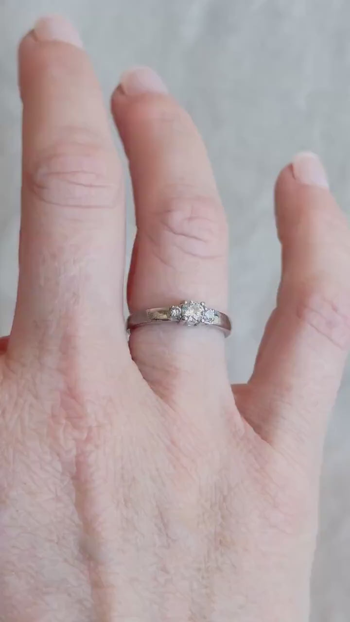 Vintage Three Stone Diamond Engagement Ring in 14k White Gold