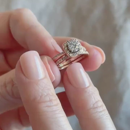 Vintage Diamond Halo Engagement Ring and Wedding Band Bridal Set in 14k Rose Gold