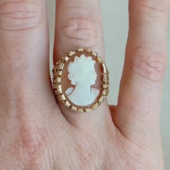 Vintage Cameo Ring, 14k Gold, Oval Textured Statement Ring, Mid-Century Bold Jewelry