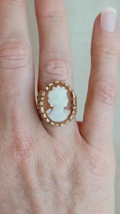 Vintage Cameo Ring, 14k Gold, Oval Textured Statement Ring, Mid-Century Bold Jewelry