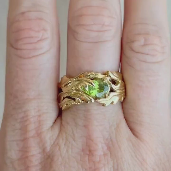 Vintage Peridot Ring, 18k Gold, Hand-Designed Pear Cut Floral Statement Ring, Unique Bold Jewelry