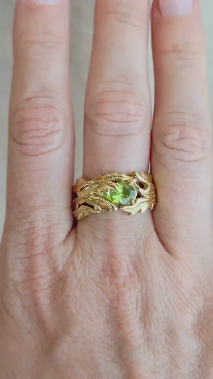 Vintage Peridot Ring, 18k Gold, Hand-Designed Pear Cut Floral Statement Ring, Unique Bold Jewelry