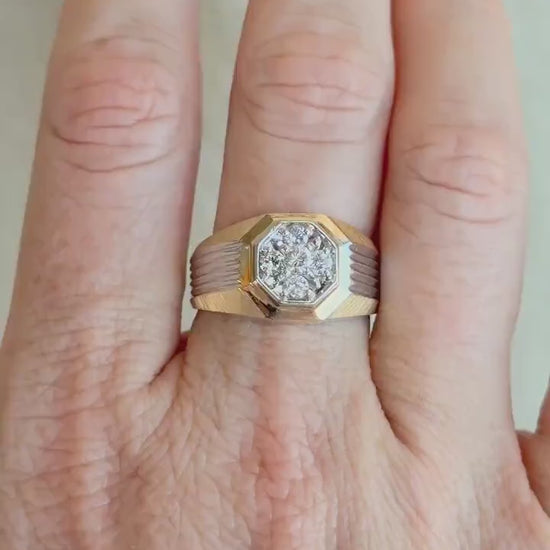 Vintage Diamond Wedding Band, 14k Gold, Mens Signet Cluster Statement Ring, Anniversary Band