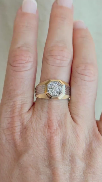 Vintage Diamond Wedding Band, 14k Gold, Mens Signet Cluster Statement Ring, Anniversary Band