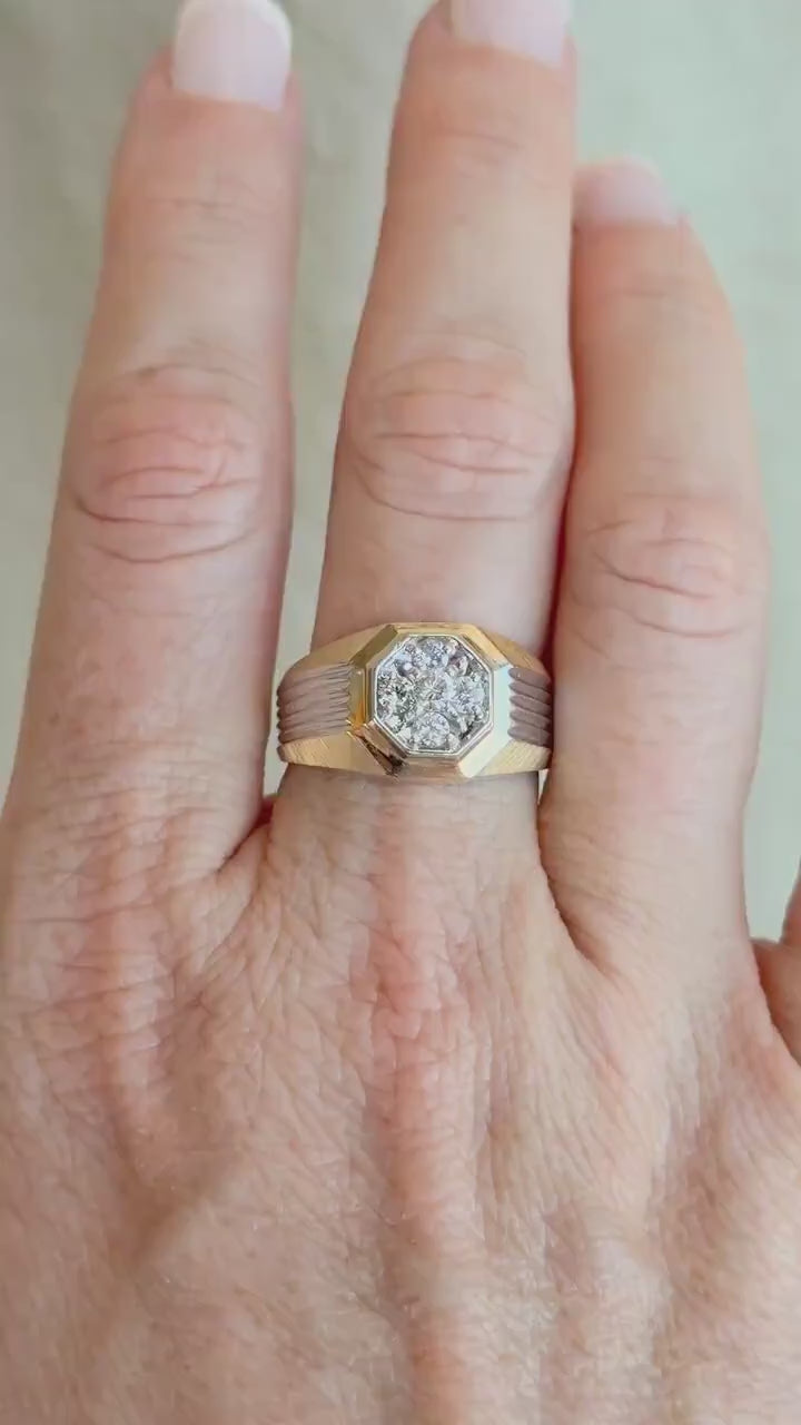 Vintage Diamond Wedding Band, 14k Gold, Mens Signet Cluster Statement Ring, Anniversary Band