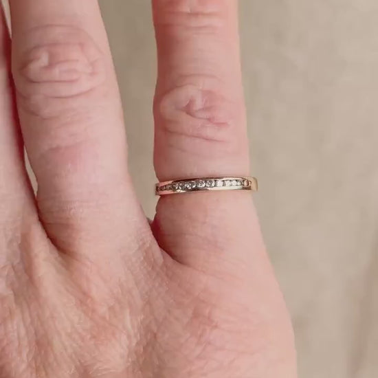 Vintage Diamond Wedding Band, 14k Gold, Round Cut Channel Set Minimalist Ring, Stacking Band