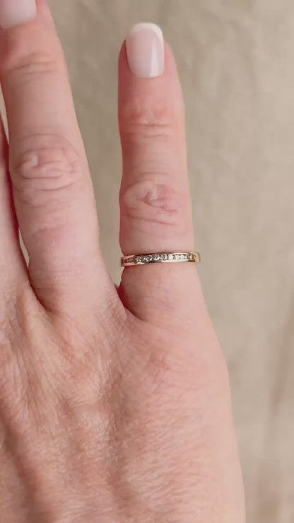 Vintage Diamond Wedding Band, 14k Gold, Round Cut Channel Set Minimalist Ring, Stacking Band
