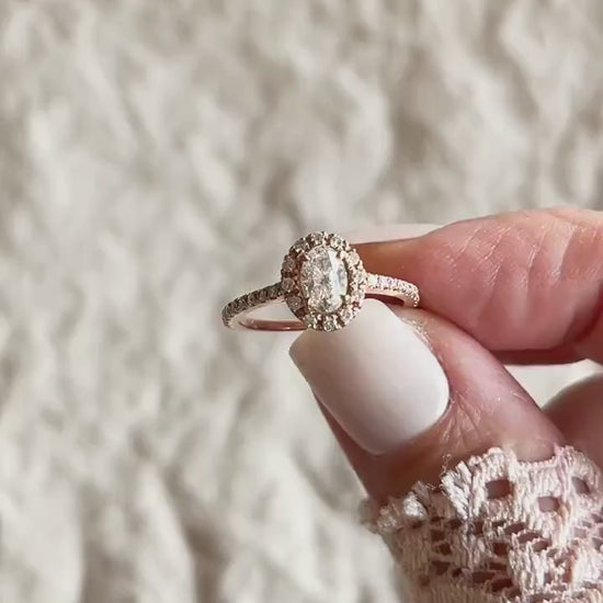 Vintage Diamond Engagement Ring, Oval Cut, 14k Rose Gold, 2000s Halo Bridal Ring