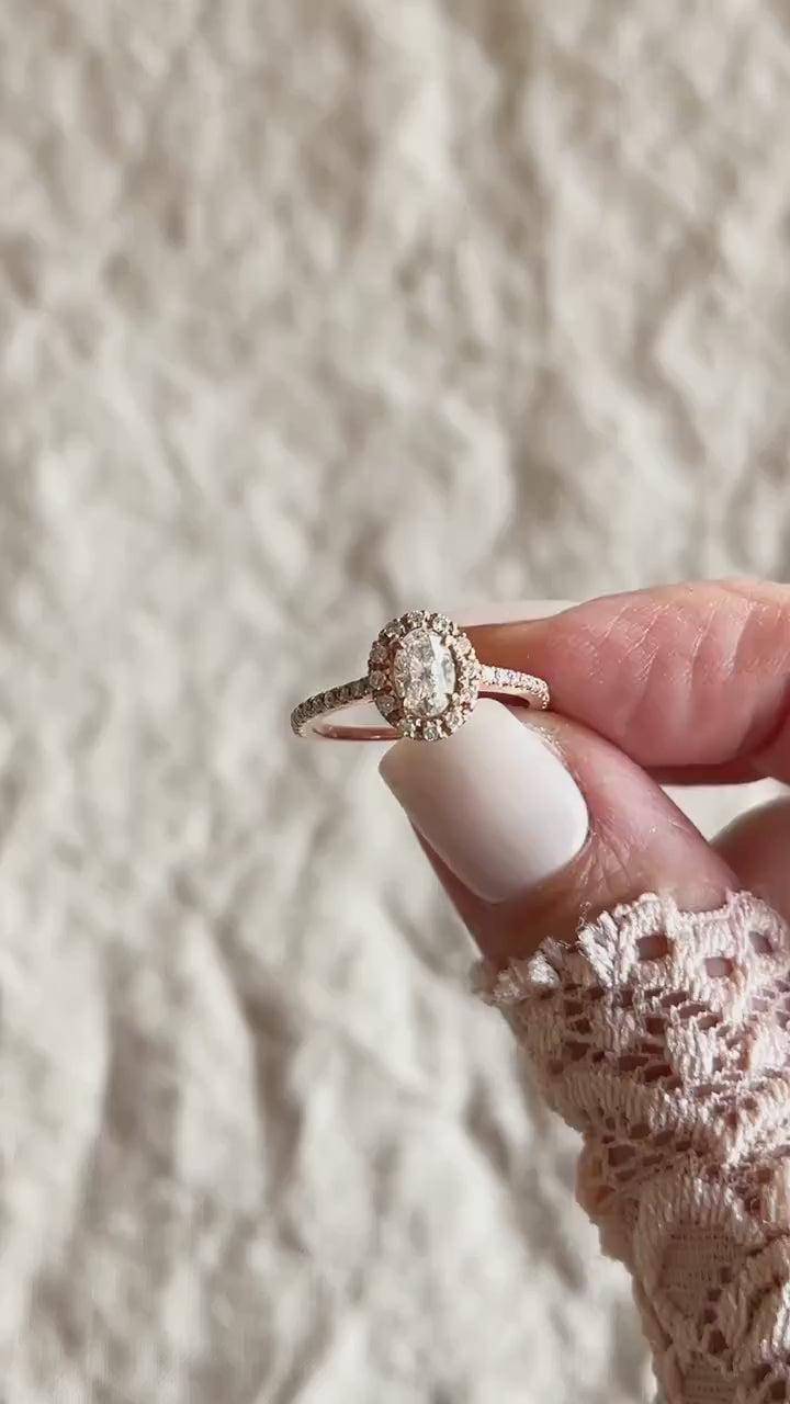 Vintage Diamond Engagement Ring, Oval Cut, 14k Rose Gold, 2000s Halo Bridal Ring