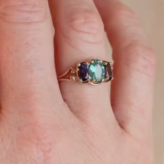 Vintage 1970s Tourmaline & Iolite Three Stone Ring, 10k Gold