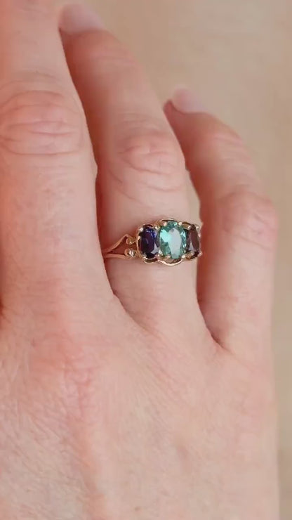 Vintage 1970s Tourmaline & Iolite Three Stone Ring, 10k Gold