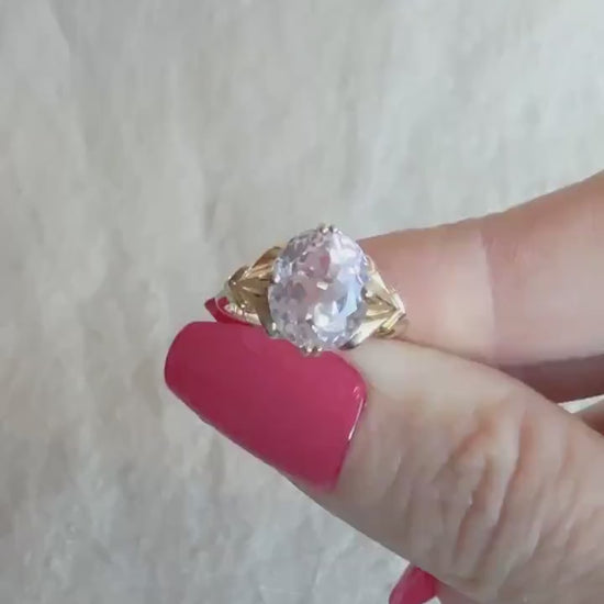 Vintage Kunzite Ring, 14k Gold Oval Floral Statement Ring, Bold Jewelry
