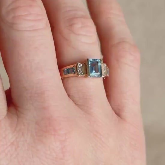 Vintage 1990s Blue Topaz & Diamond Ring, 10k Gold