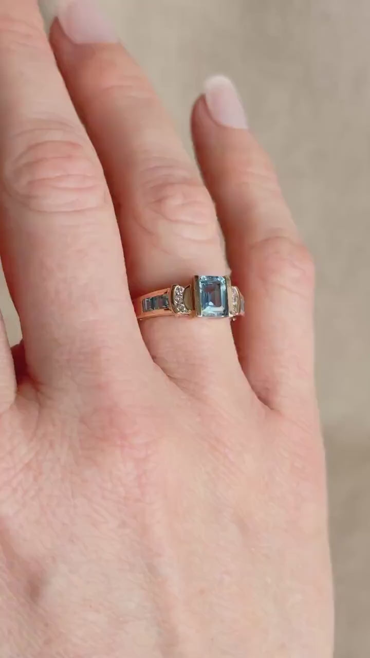 Vintage 1990s Blue Topaz & Diamond Ring, 10k Gold