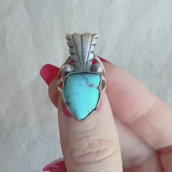 Vintage Turquoise Sterling Silver Ring, Feather Arrow Statement, Boho Southwestern Jewelry