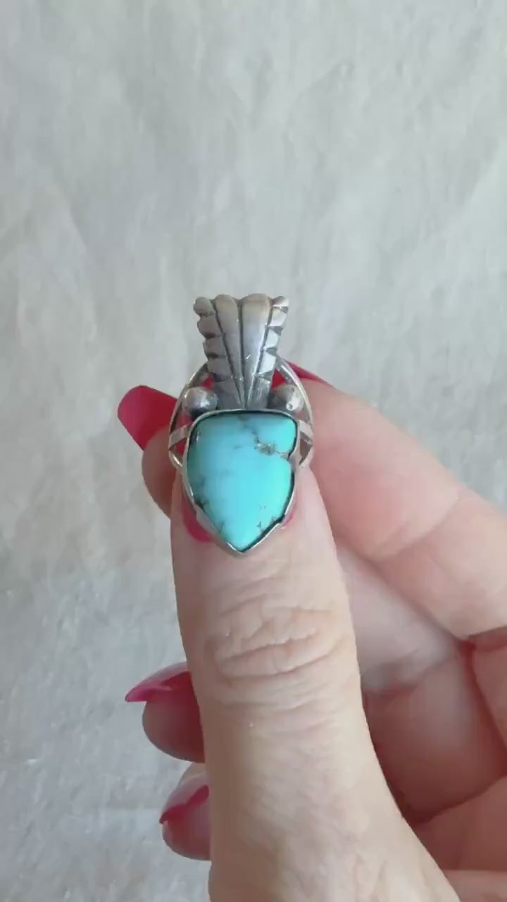 Vintage Turquoise Sterling Silver Ring, Feather Arrow Statement, Boho Southwestern Jewelry