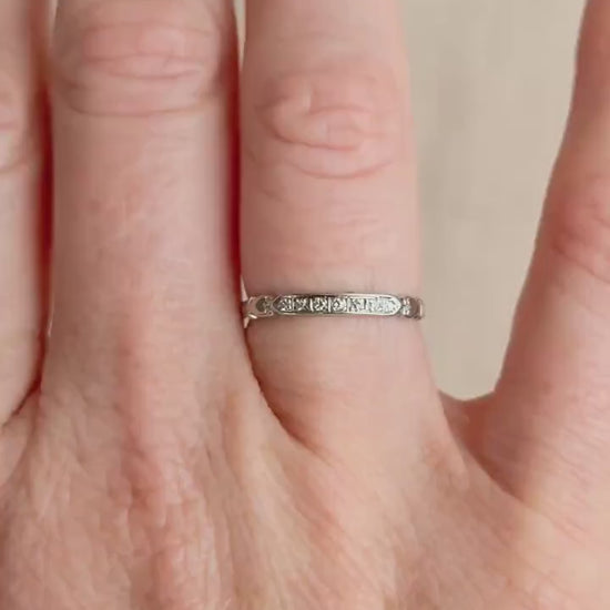 Vintage Old European Cut Diamond Wedding Band, 18k White Gold, Art Deco Minimalist Ring
