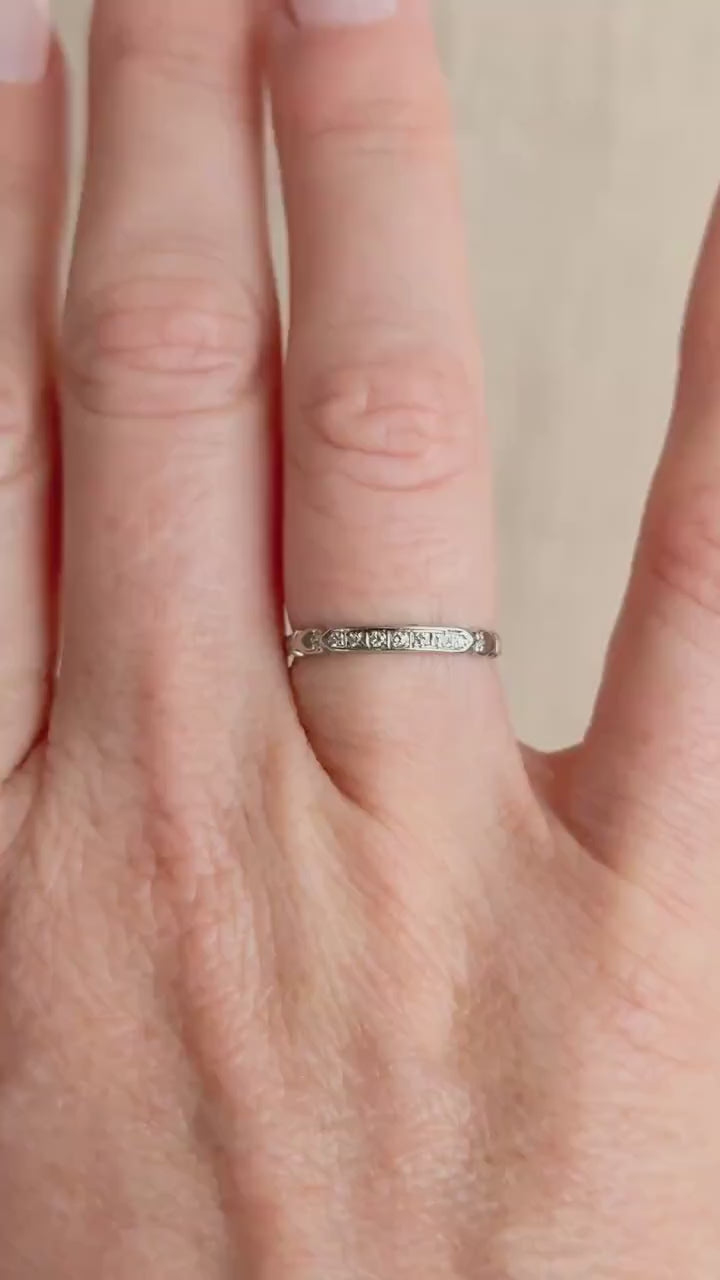 Vintage Old European Cut Diamond Wedding Band, 18k White Gold, Art Deco Minimalist Ring