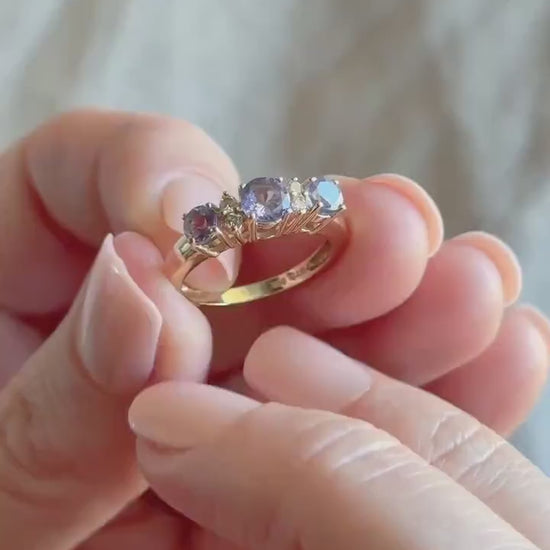 Vintage Tanzanite and Diamond Ring, 14k Gold, Prong Set Gemstone Band, Anniversary Ring
