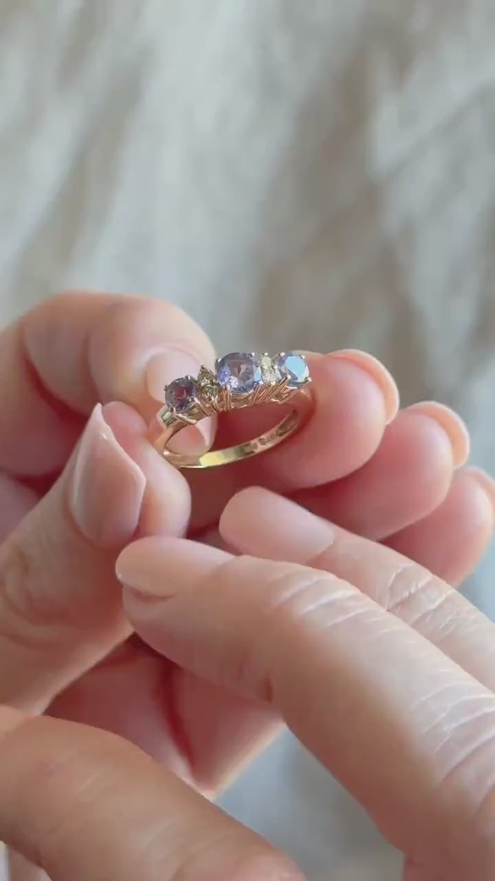 Vintage Tanzanite and Diamond Ring, 14k Gold, Prong Set Gemstone Band, Anniversary Ring