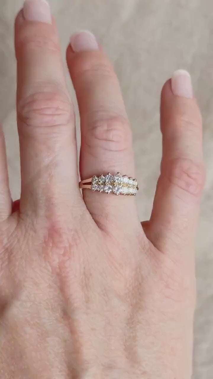 Vintage Diamond Wedding Band, 14k Gold, Round Cut Prong Set, Double Row Anniversary Ring