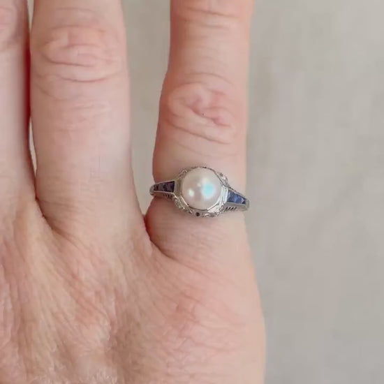 Vintage Pearl and Sapphire Engagement Ring, Platinum Art Deco Filigree Alternative Bridal Ring