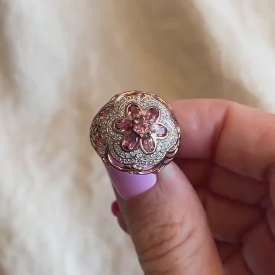 Vintage Floral Tourmaline Ring, Rose Gold Plated Sterling Silver Statement Ring