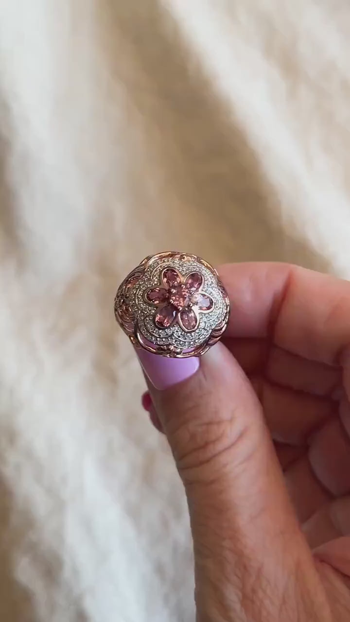 Vintage Floral Tourmaline Ring, Rose Gold Plated Sterling Silver Statement Ring