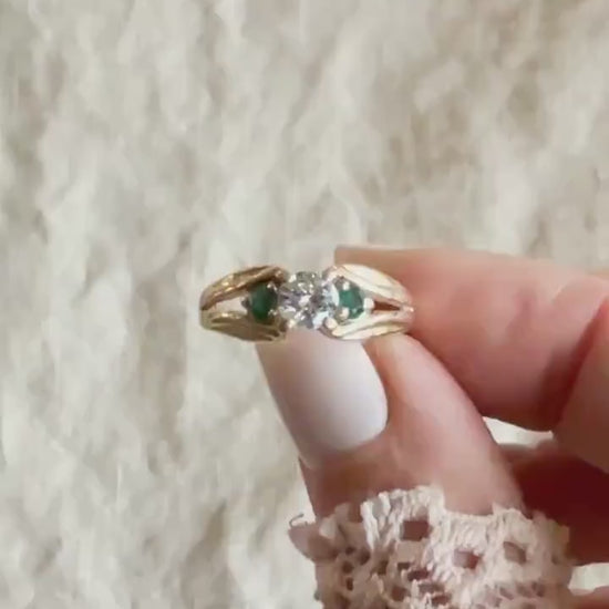 Vintage Diamond and Emerald Engagement Ring in 14k Gold