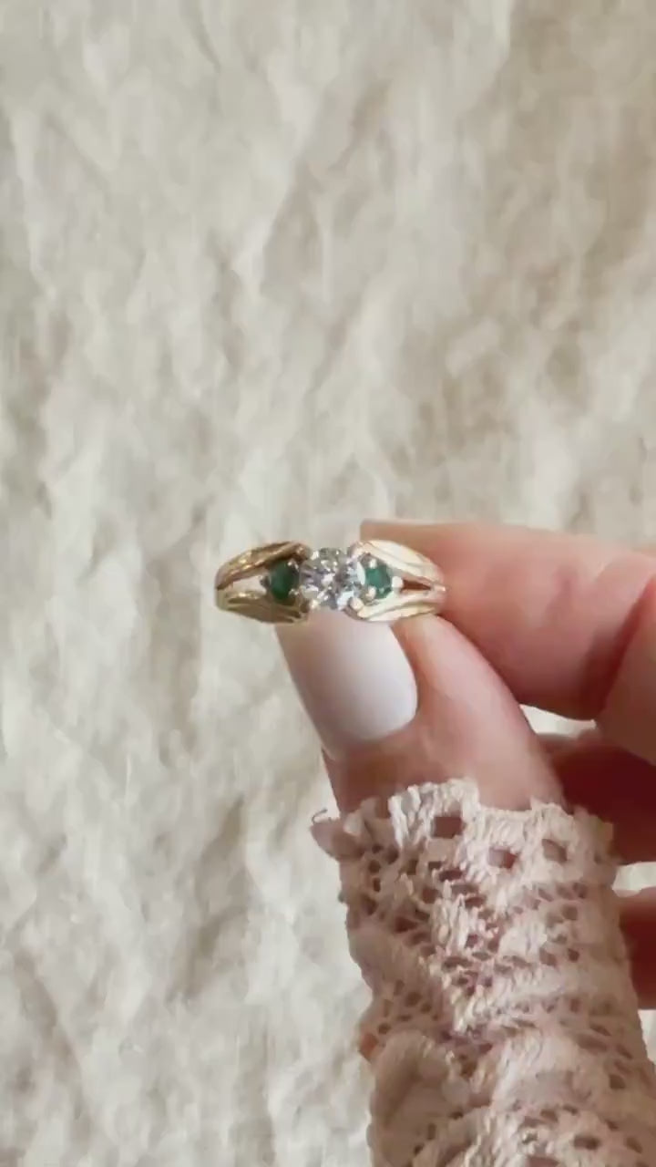 Vintage Diamond and Emerald Engagement Ring in 14k Gold