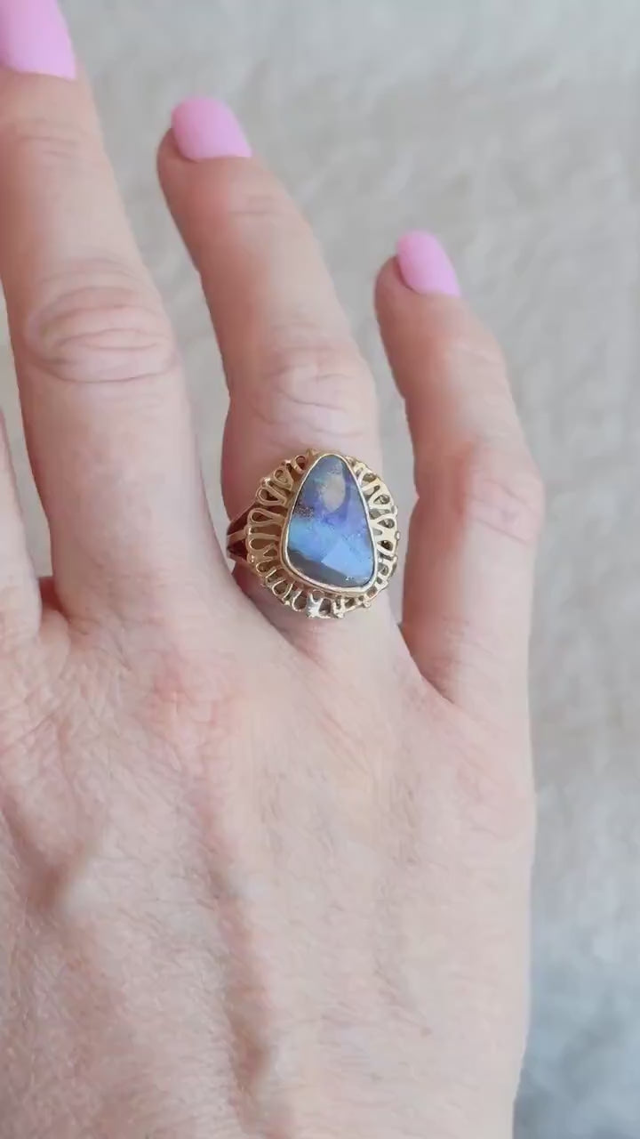 Vintage 1970s Boulder Opal Filigree Ring in 14k Gold