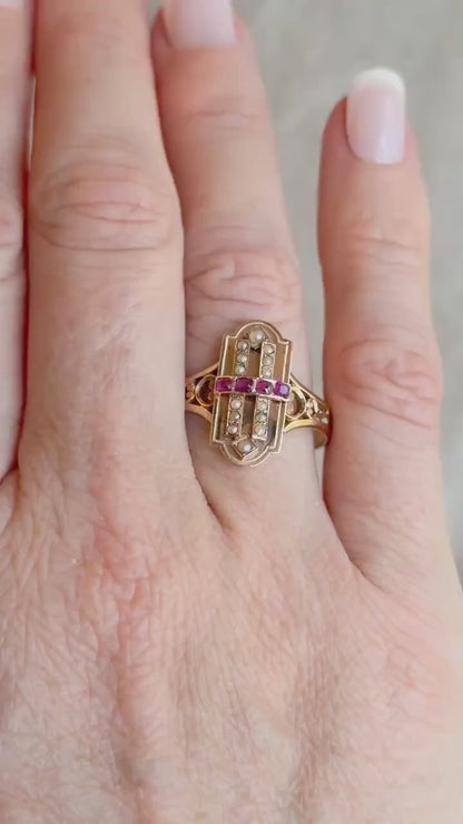 Antique 1880s Art Deco Ruby & Pearl Ring, 18k Gold