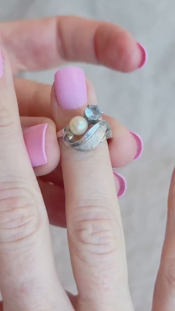 Vintage Pearl and Blue Spinel Ring in 10k White Gold