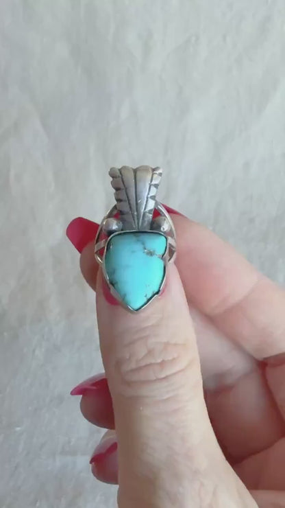 Vintage Turquoise Sterling Silver Ring, Feather Arrow Statement, Boho Southwestern Jewelry