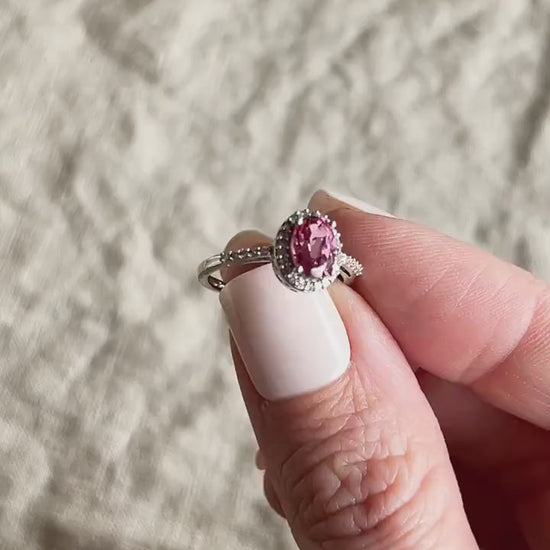 Vintage Pink Tourmaline Gemstone Ring with Diamond Halo in 14k White Gold