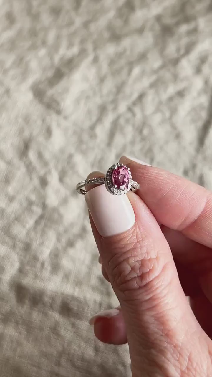 Vintage Pink Tourmaline Gemstone Ring with Diamond Halo in 14k White Gold