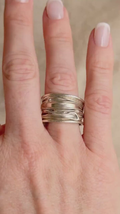Vintage Crinkle Ring Sterling Silver, Wide Statement Band, Boho Silver Jewelry