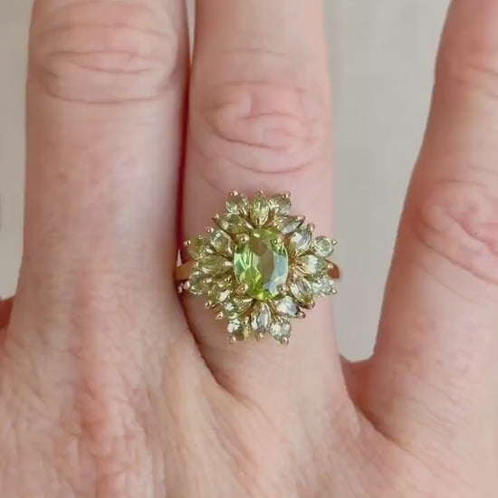 Vintage Peridot Ring, 10k Gold, Cluster Floral Halo Statement Ring, Green Gemstone Jewelry