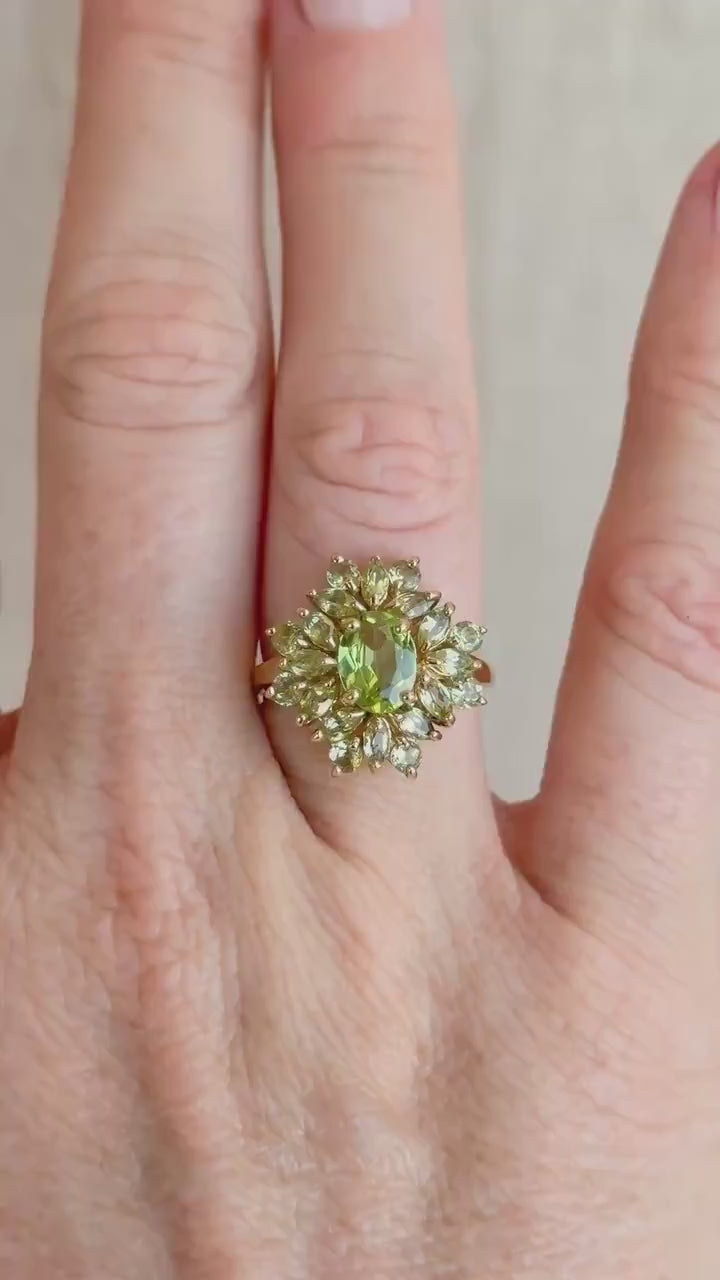 Vintage Peridot Ring, 10k Gold, Cluster Floral Halo Statement Ring, Green Gemstone Jewelry