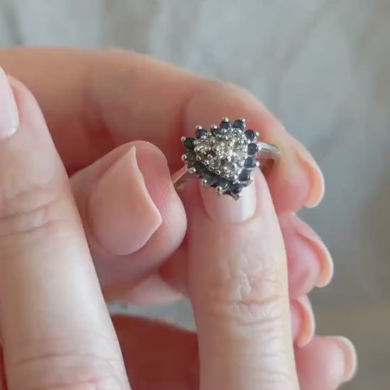 Vintage Sapphire and Diamond Heart Shaped Ring in 14k White Gold