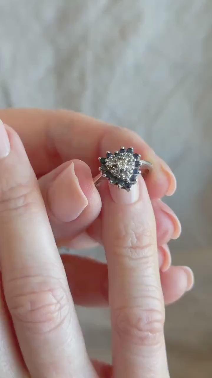 Vintage Sapphire and Diamond Heart Shaped Ring in 14k White Gold