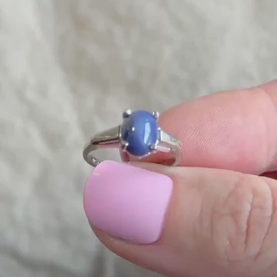 Vintage Star Sapphire Ring, 10k White Gold, Oval Tapered Statement Ring, Bold Gemstone Jewelry