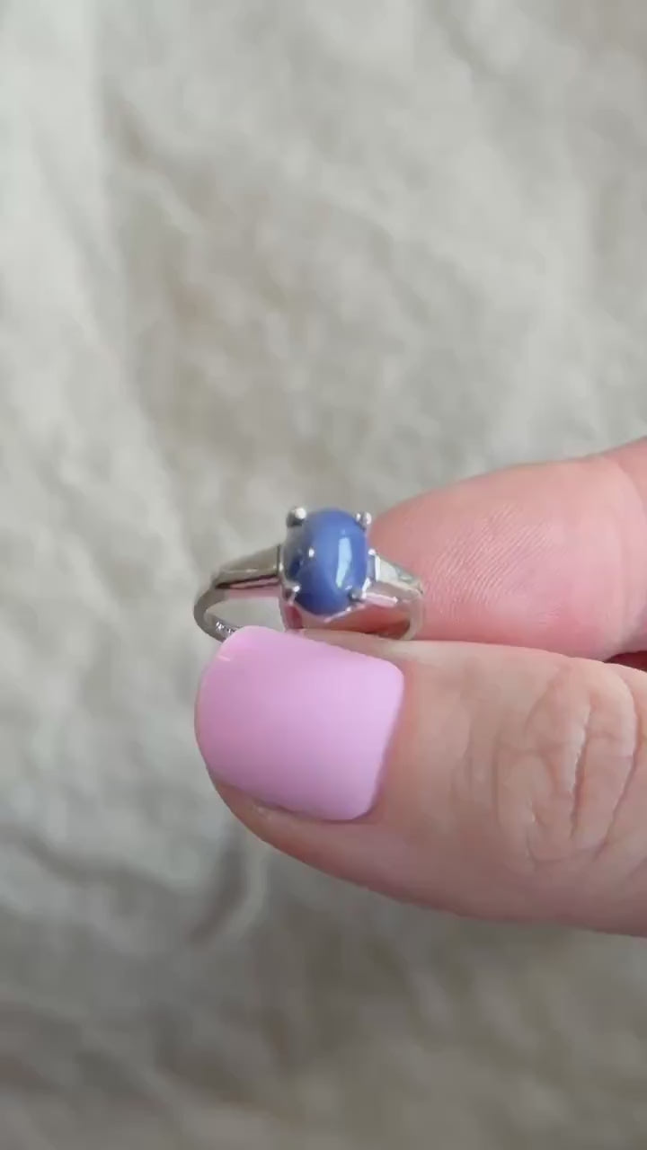 Vintage Star Sapphire Ring, 10k White Gold, Oval Tapered Statement Ring, Bold Gemstone Jewelry