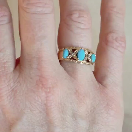 Vintage 1990s Blue Turquoise & Diamond Ring in 14k Gold