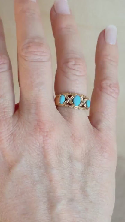 Vintage 1990s Blue Turquoise & Diamond Ring in 14k Gold