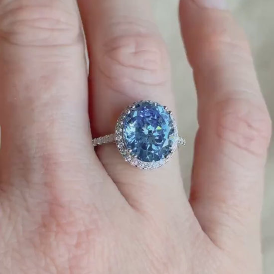 Vintage Cubic Zirconia Engagement Ring, Oval Cut, Sterling Silver, 2000s Blue Halo Promise Ring