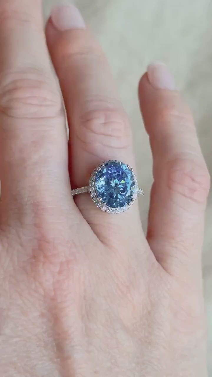 Vintage Cubic Zirconia Engagement Ring, Oval Cut, Sterling Silver, 2000s Blue Halo Promise Ring